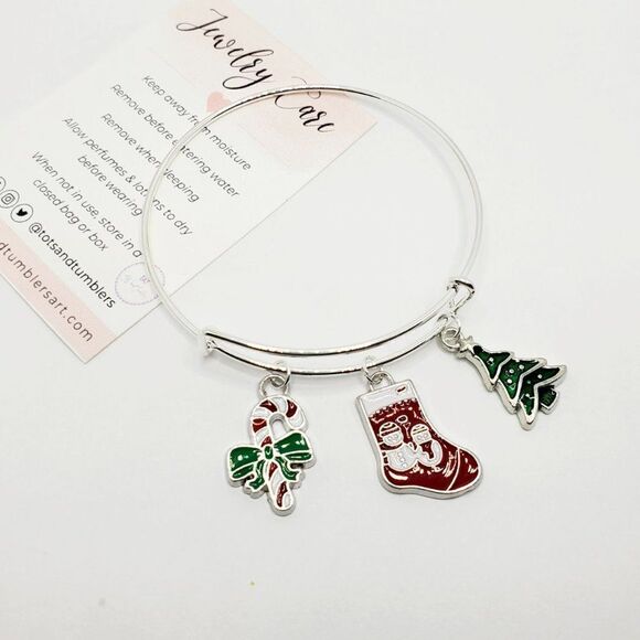 Silver Christmas Charm Bracelet, Candy Cane, Stocking, and Tree Charms - Picture 3 of 11